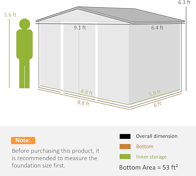 Outsunny 9' x 6' Outdoor Storage Shed, Garden Tool Metal Shed with Foundation Kit, Double Lockable Door, Air Vents and Sloping Roof, for Backyard, Patio, Lawn, Gray