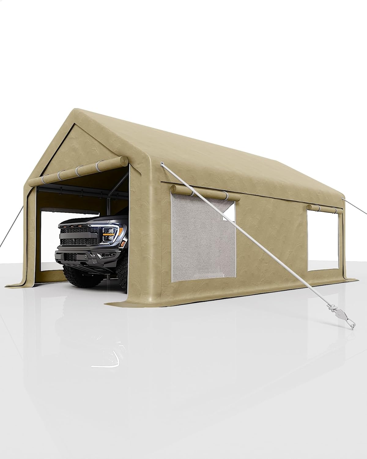 10x20 Ft Carport, Car Port with 200g PE Tarp, Roll-Up Doors, and 4 Windows, for Sedans, Bass Boats, Motos, ATVs, and SUVs, Khaki