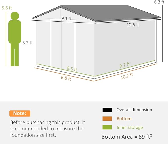 Outsunny 11' x 9' Outdoor Storage Shed, Garden Tool Metal Shed with Foundation Kit, Double Lockable Door, Air Vents and Sloping Roof, for Backyard, Patio, Lawn, Gray