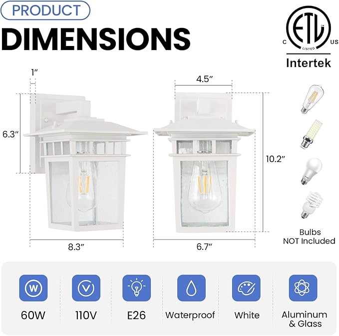 Outdoor Wall Lantern, Exterior Lighting Fixtures Wall Mount, 2 Pack White Outdoor Sconces with Seeded Glass, Exterior Porch/Patio Lights for House Front Door Garage