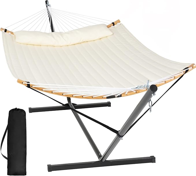 SUNCREAT Hammocks for Outside with Stand Included, Double Hammock with Curved Spreader Bar, Carrying Bag, Beige