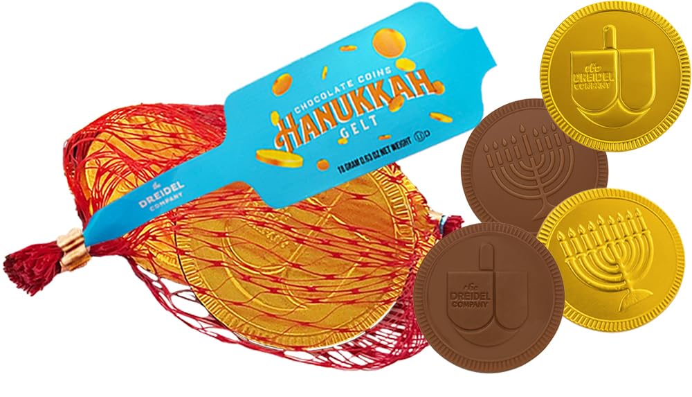The Dreidel Company Hanukkah Chocolate Gelt Gold Coins in Mesh Bag, Milk Chocolate Coins, Kosher Certified Gelt (100 Mesh Bags)