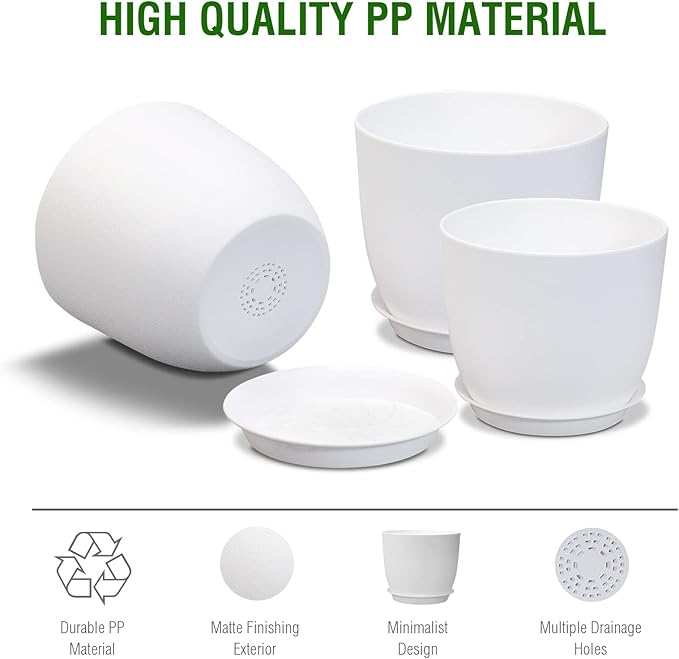 10/9/8 inch Medium Flower Pots, 3 Pack Modern Decorative Plastic Planters with Drainage Holes and Tray, Plant Pots for Indoor Outdoor Plants, White