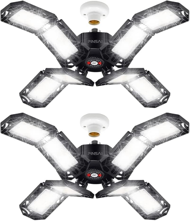 2 Pack LED Garage Light,Super Bright Screw in E26/E27 Ceiling Shop Work Lamp, 200W 20000 Lumen Deformable Basement Bulb Fixture with 8 Adjustable Panels