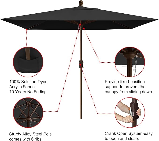 EliteShade USA 10-Year-Non-Fading 6.5x10FT Rectangular Market Umbrella Patio Umbrella Outdoor Table Umbrella with Ventilation, Black