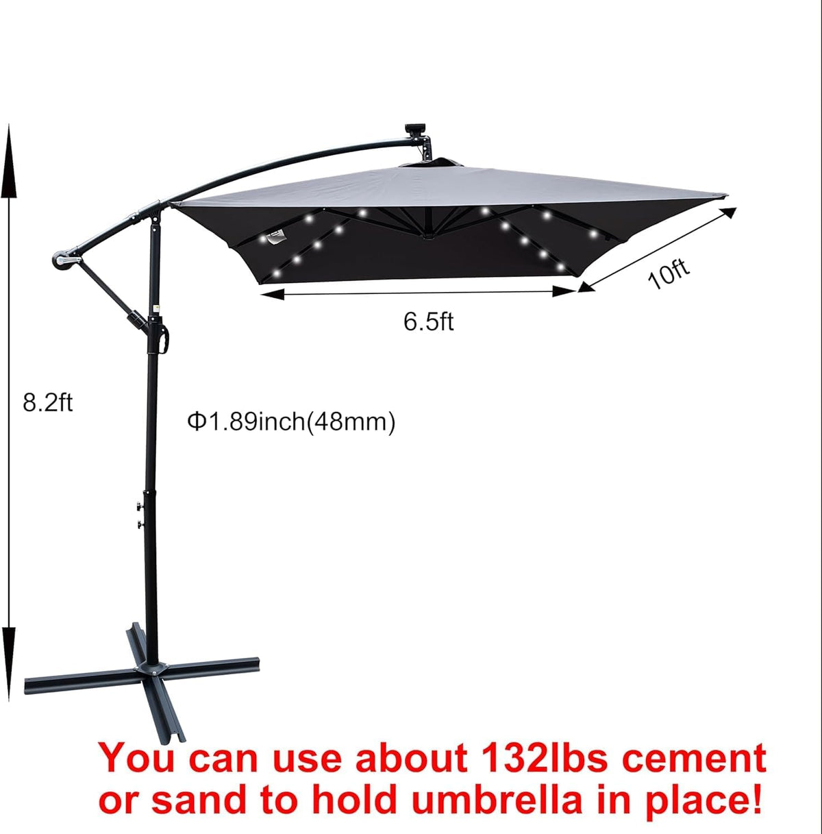 10x6.5FT Patio Umbrella, Outdoor Offset Umbrella with Cross Base and Crank, Rectangular Cantilever Umbrella with Solar Lights, Hanging Market Umbrella with 6 Rids for Pool, Deck, Backyard (Anthracite)