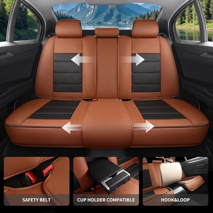 Car Seat Covers Full Set Custom Fit for Mercury Grand Marquis 1995-2011-Luxury Leather with Lumbar Support, Breathable, Waterproof, Anti-Slip, Durable, Easy to Install (BlackBrown,Full Set)