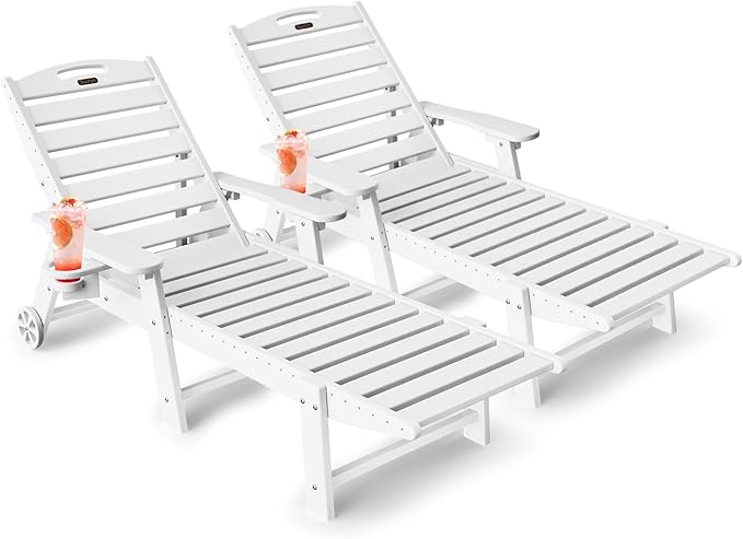 Lounge Chair Outdoor Set of 2, HDPE Chaise Lounge Outdoor with 6-Position & Wheels &Cup Holder, Pool Lounge Chair for Pool Poolside Deck Backyard Patio, White