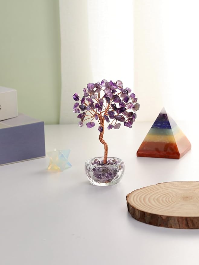 Jovivi Small Amethyst Crystals Tree, Natural Crystal Healing Stones Tree Glass Bowl Base Gemstone Money Trees Feng Shui Good Luck Home Desk Decor