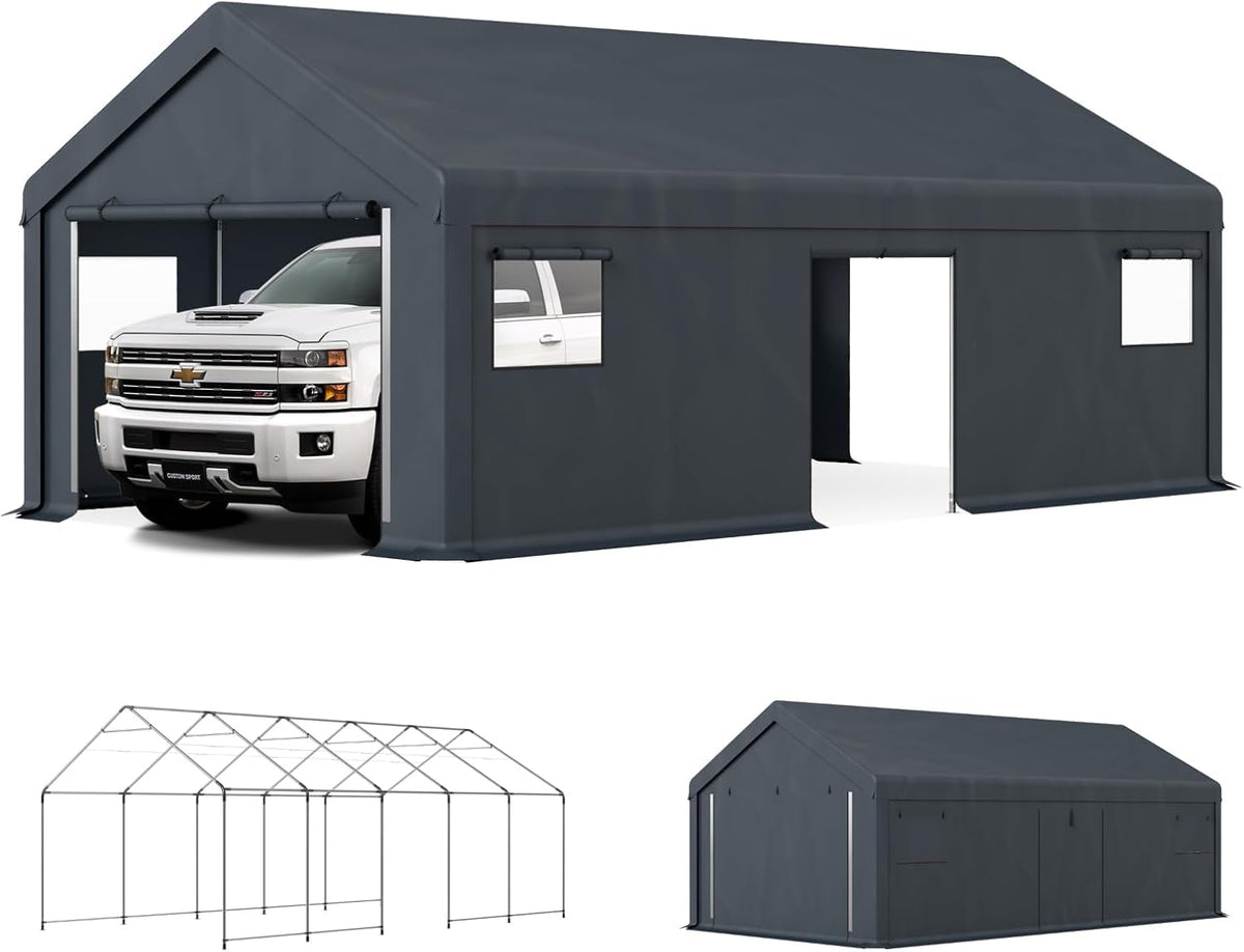 GREEN PARTY Carport, 13'x24' Extra Large Heavy Duty Carport with Roll-up Windows, Waterproof & 12 Legs Car Canopy Portable Garage Shelter with Removable Sidewalls & Doors for Car, Truck, SUV, Boat