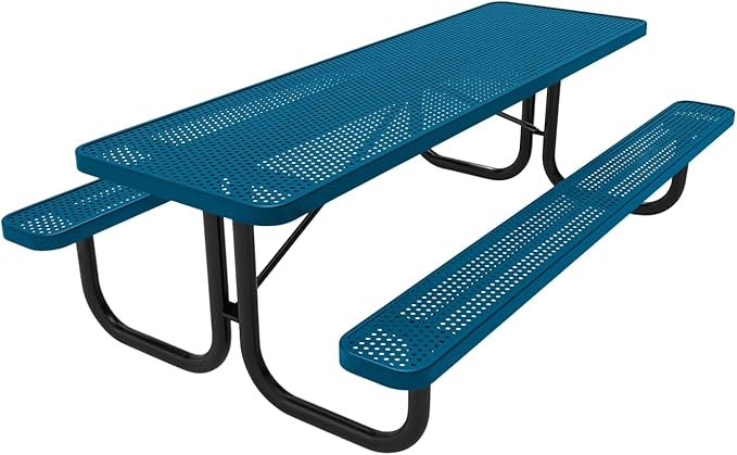 Coated Outdoor Furniture Heavy-Duty Portable Outdoor Picnic Table, Thermoplastic Coated Punched Steel Commercial-Grade Patio Dining Furniture Made in America (8ft Rectangular, Light Blue)