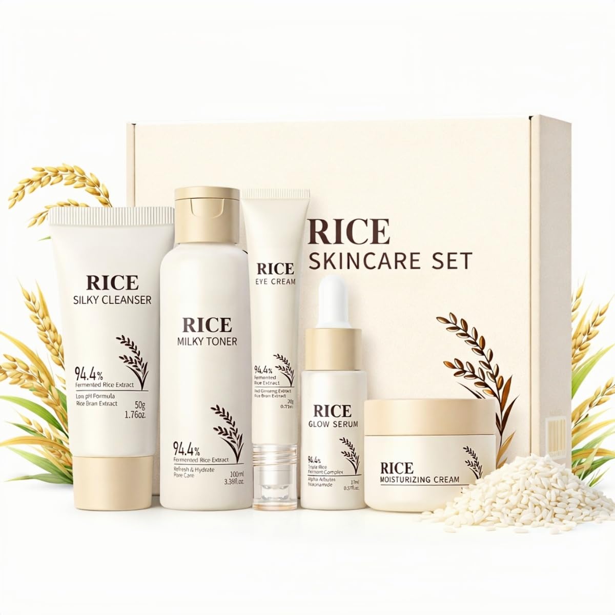 Korean Skin Care Set with Rice, 5-Step Facial Kit for Women