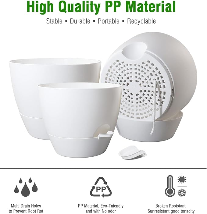 10/9/8 inch Self Watering Pots, Set of 3 Plastic Planters with Mesh Drainage Holes and Deep Reservoir for Indoor Outdoor Garden Plants and Flowers, White