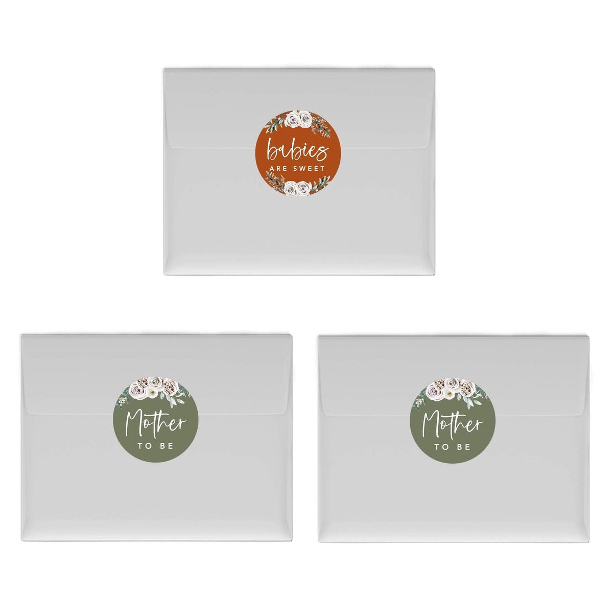 Andaz Press Sage Green with Cream Floral Blossoms Fall Baby Shower Party Collection, Chocolate Drop Label Stickers Trio, Mommy to Be, Floral Bouquet