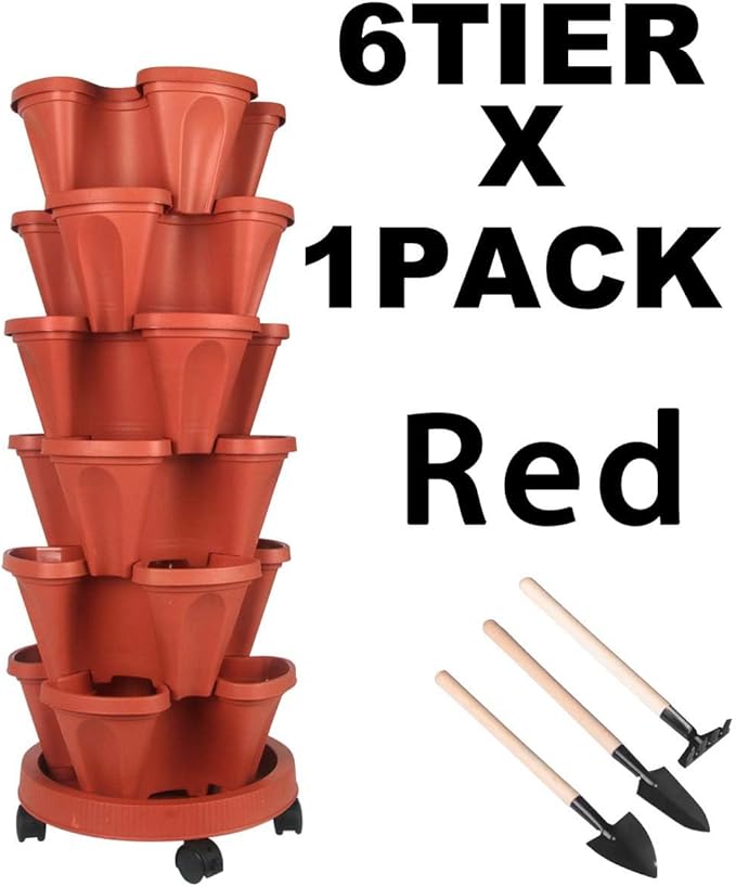 Vertical Planter 6 Tier Stackable Planters Garden Planters Strawberry Herb Flower and Vegetable Planter Indoor Outdoor Gardening Pots with Removable Wheels and Tools