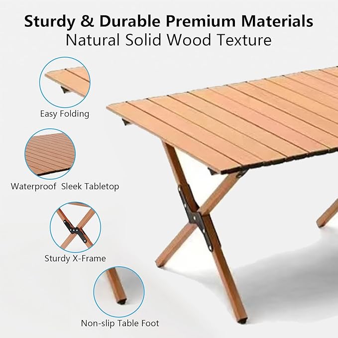 Folding Camping Table, 48Inch Lightweight Roll-Up Table Aluminum Low Portable Picnic Table with Carrying Bag for Outdoor, Beach, Picnic, Backyards, BBQ and Party Log Color