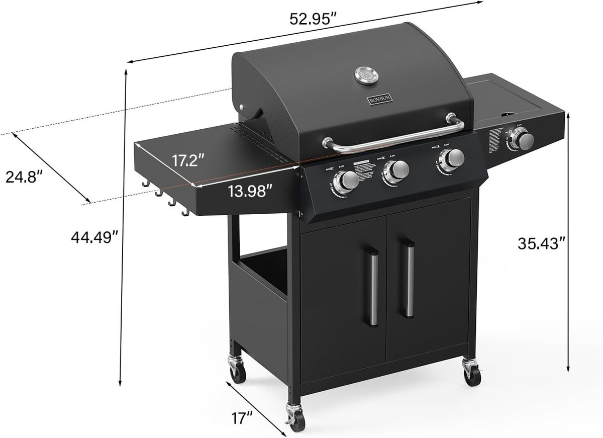 ROVSUN 3-Burner Propane Gas BBQ Grill with Side Burner & Enameled Cast Iron Grates, 46,000 BTU Barbecue Grill with Wheels for Outdoor Patio Backyard Cooking Grilling, Black