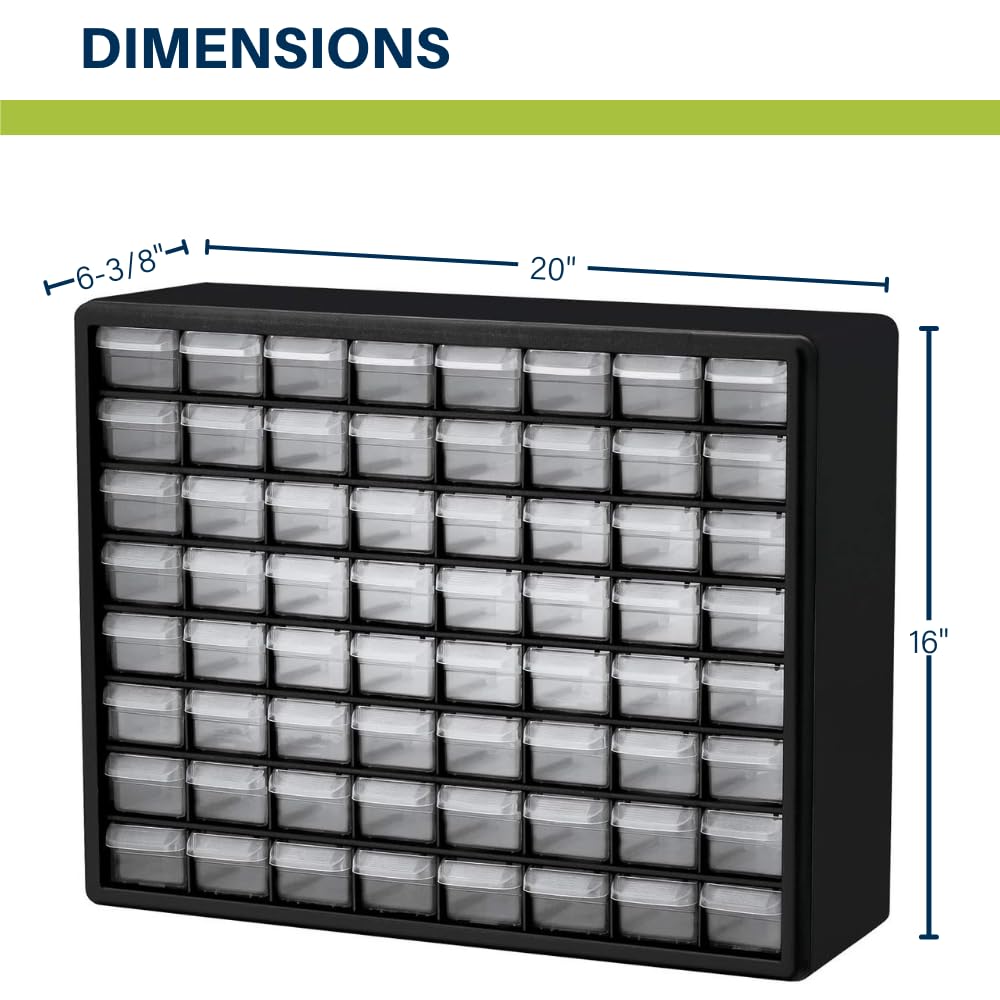 Akro-Mils 64-Drawer Plastic Drawer Storage Cabinet for Garage Organization, Bead Organizer, Building Bricks Storage, Teacher Toolbox, Makeup Organizer, 20-Inch W x 6-Inch D x 16-Inch H, 10164 Black