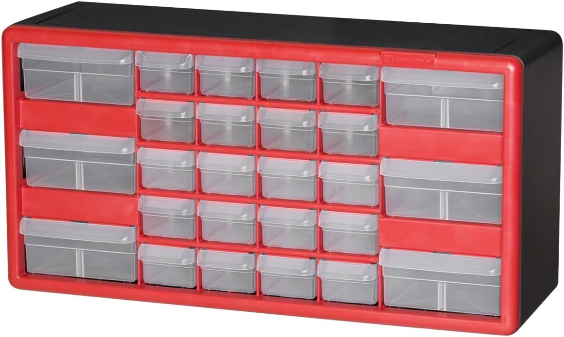 Akro-Mils 26-Drawer Plastic Drawer Storage Cabinet for Garage Organization, Bead Organizer, Building Bricks Storage, Teacher Toolbox, Makeup Organizer, 20-Inch W x 6-Inch D x 10-Inch H, 10126 Red