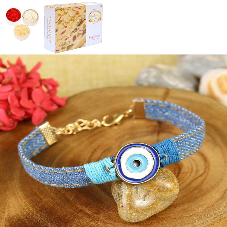 Ghasitaram Gifts Jaiccha Rakhi for Brother Rakhis Online - PRK25-005-Handmade Demin Band Evil Eye Bracelet Premium Rakhi with 200 gms of Soan Papdi