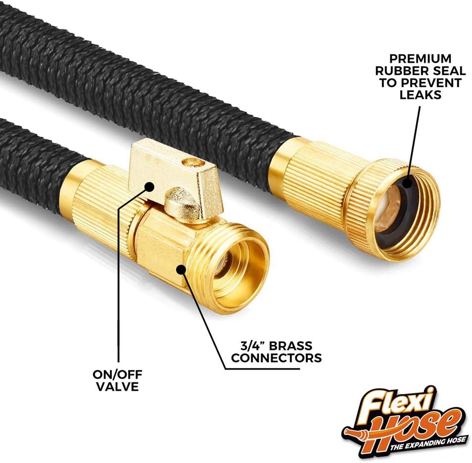 Flexi Hose PLUS with 8 Function Nozzle Expandable Garden Hose, Lightweight & No-Kink Flexible Garden Hose, 3/4 inch Solid Brass Fittings and Double Latex Core, 25 ft Black