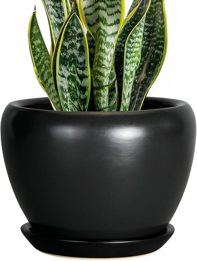 Ceramic Planter Pot - 8 Inch Plant Pot with Drainage Hole and Saucer Round Planter for Indoor Plants Modern Outdoor Flower Pot for House Balcony Black