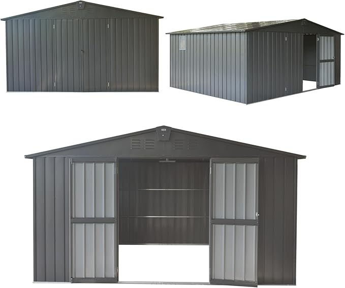 Domi Outdoor Storage Shed 11' x 12.5', Metal Sheds Steel Utility Tool Storage House with Double Lockable Doors & Air Vents for Patio Garden Lawn Backyard, Dark Gray