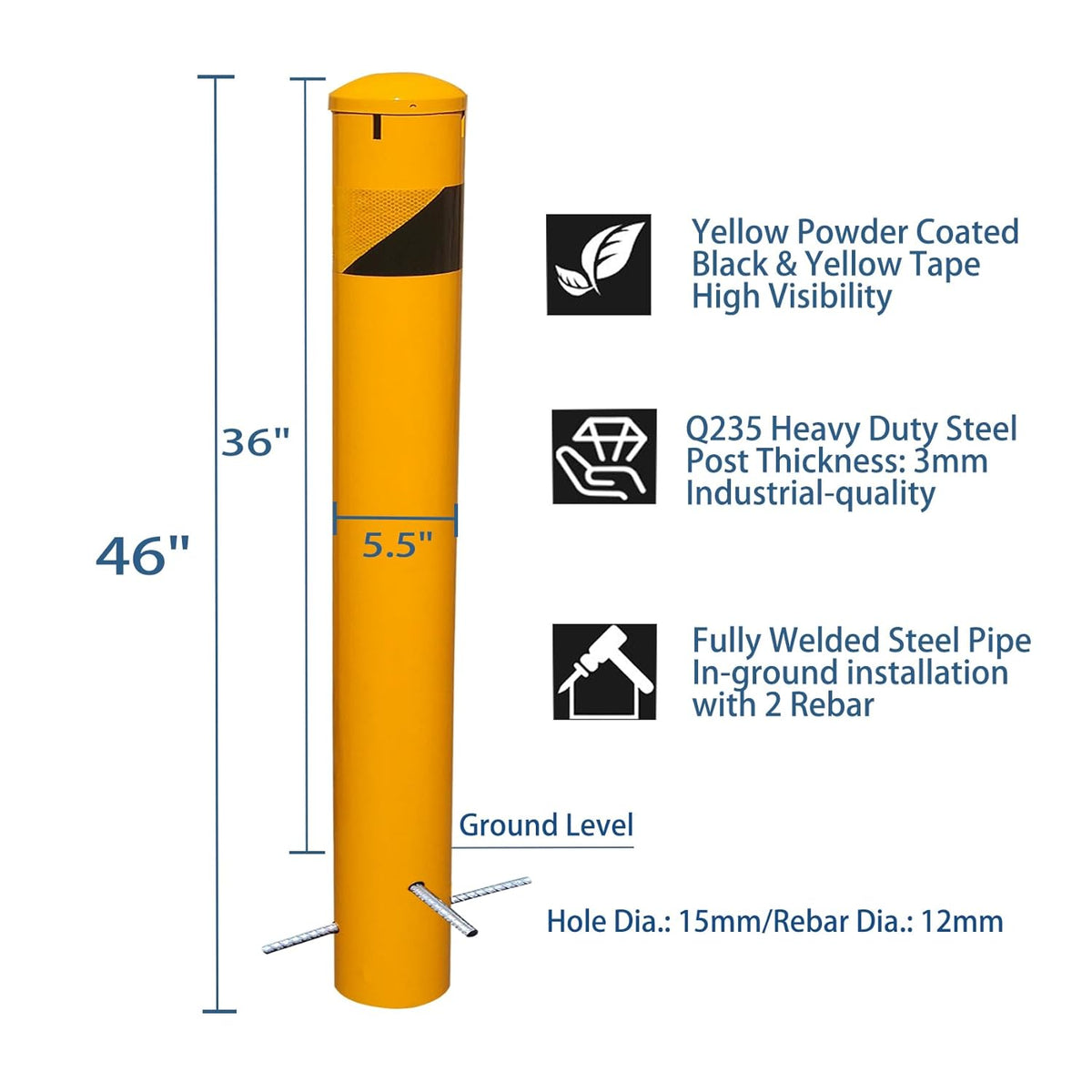 46" High Pour in Place Steel Bollard Post with Removable Cap, 5-1/2" OD Safety Bollard Yellow Powder Coat, Metal Bollard Parking, Door Front Barrier