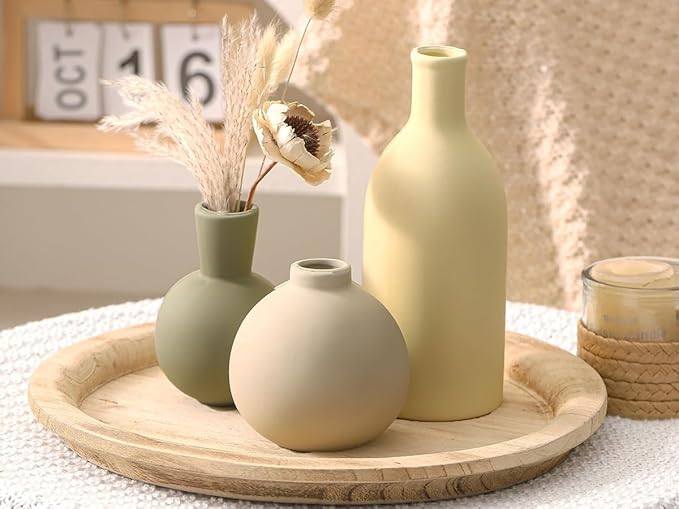 Vase Set of 3, Ceramic Vases Home Decor Flower Decorative Table Decor Vase Pottery Neutral Vases for Tray Table Mantel Living Room Kitchen Bedroom Bathroom Entryway -Light Color