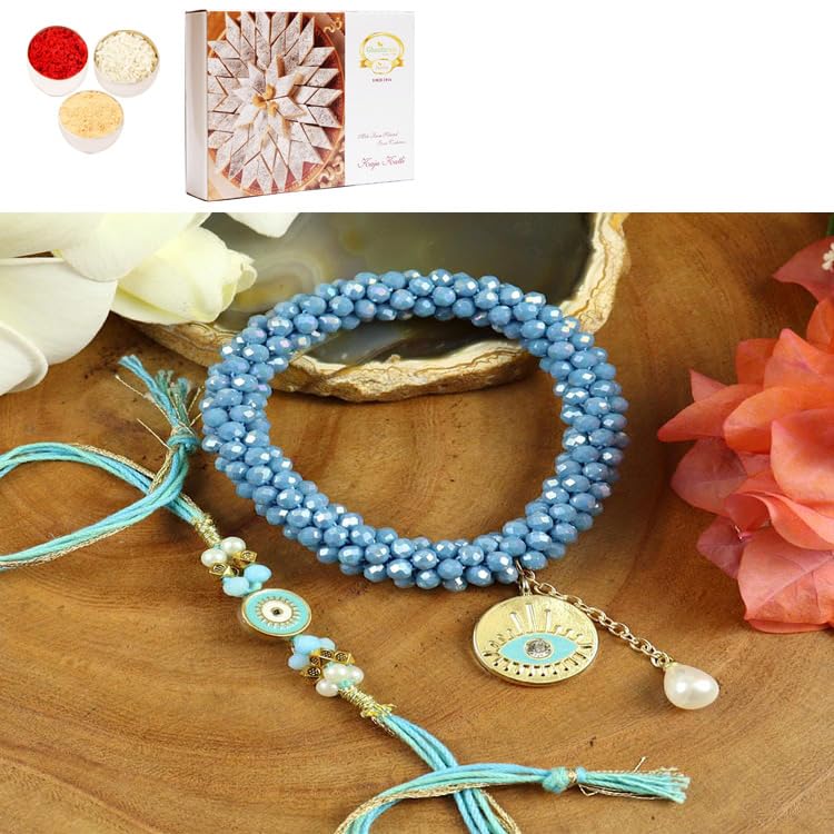 Ghasitaram Gifts Jaiccha Rakhi for Brother Rakhis Online - BRS25-024-Hand Woven Crystal Evil Eye Bracelet Bhaiya Bhabhi Rakhis with 200 gms of Kaju