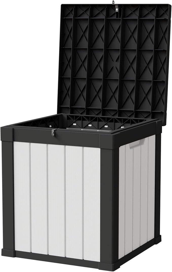 50 Gallon Storage Box, Waterproof Deck Box for Indoor & Outdoor Use, Lockable Pool Storage Bin for Package Delivery, Outdoor Bench for Patio Cushions, Garden Tools, Backyard, Black & White