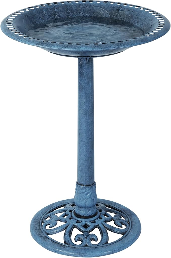 Backyard Expressions Outdoor Garden Bird Bath - Blue - Weather Resistant Polyresin - 27 Inch
