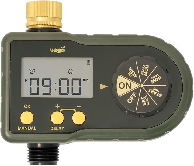 Vego Sprinkler Timer with Brass Inlet- Watering Timer for Garden Hose with Rain Delay/Manual Watering/Automatic Irrigation System - Water Hose Timer for Yard Lawn