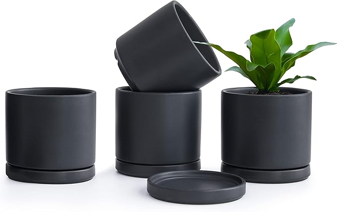 D'vine Dev Set of 4 Small Ceramic Plant Pots, 4.6 Inch Succulent Planter Pot for Plants with Drainage Hole and Saucer, Black, 94-X-B-2