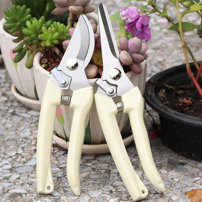 BUGUI Garden Shears Set of 2, Includes 1 Bypass Pruning Shears and 1 Straight Blade Garden Scissors, Sharp, Lightweight