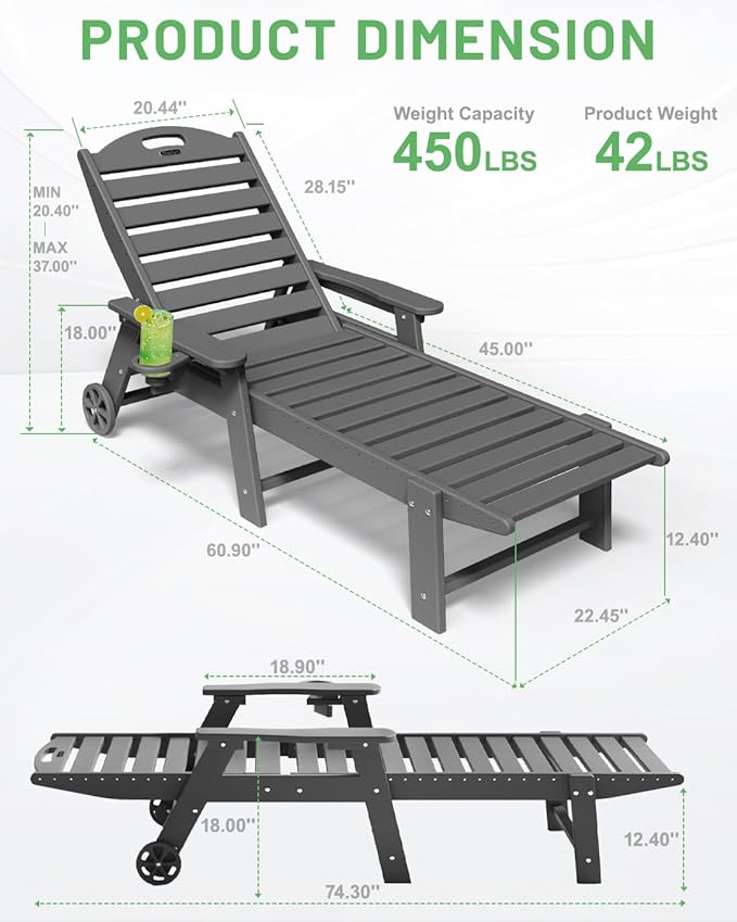 Lounge Chair Outdoor Set of 2, HDPE Chaise Lounge Outdoor with 6-Position & Wheels &Cup Holder, Pool Lounge Chair for Pool Poolside Deck Backyard Patio, Grey
