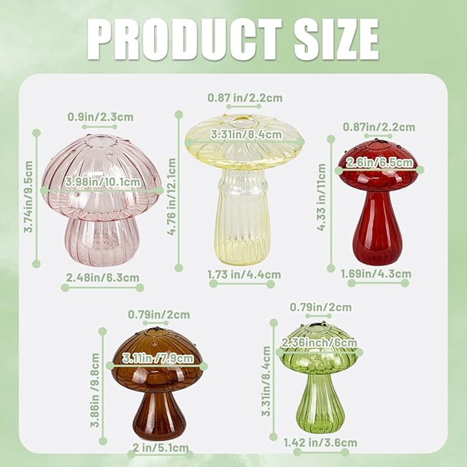 5 Pcs Mushroom Glass Planter for Plants, Stylish Unique Mushroom Vase for Home Decoration,Colorful Propagation Jars,Ideal Gardening Companion and Creative Floral Arrangement