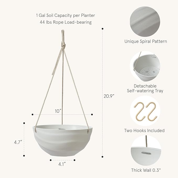 La Jolie Maison 10 Inch Hanging Planters for Indoor Plants, Outdoor Garden Planter Pots with Self-Watering Tray, Oatmeal, Set of 2
