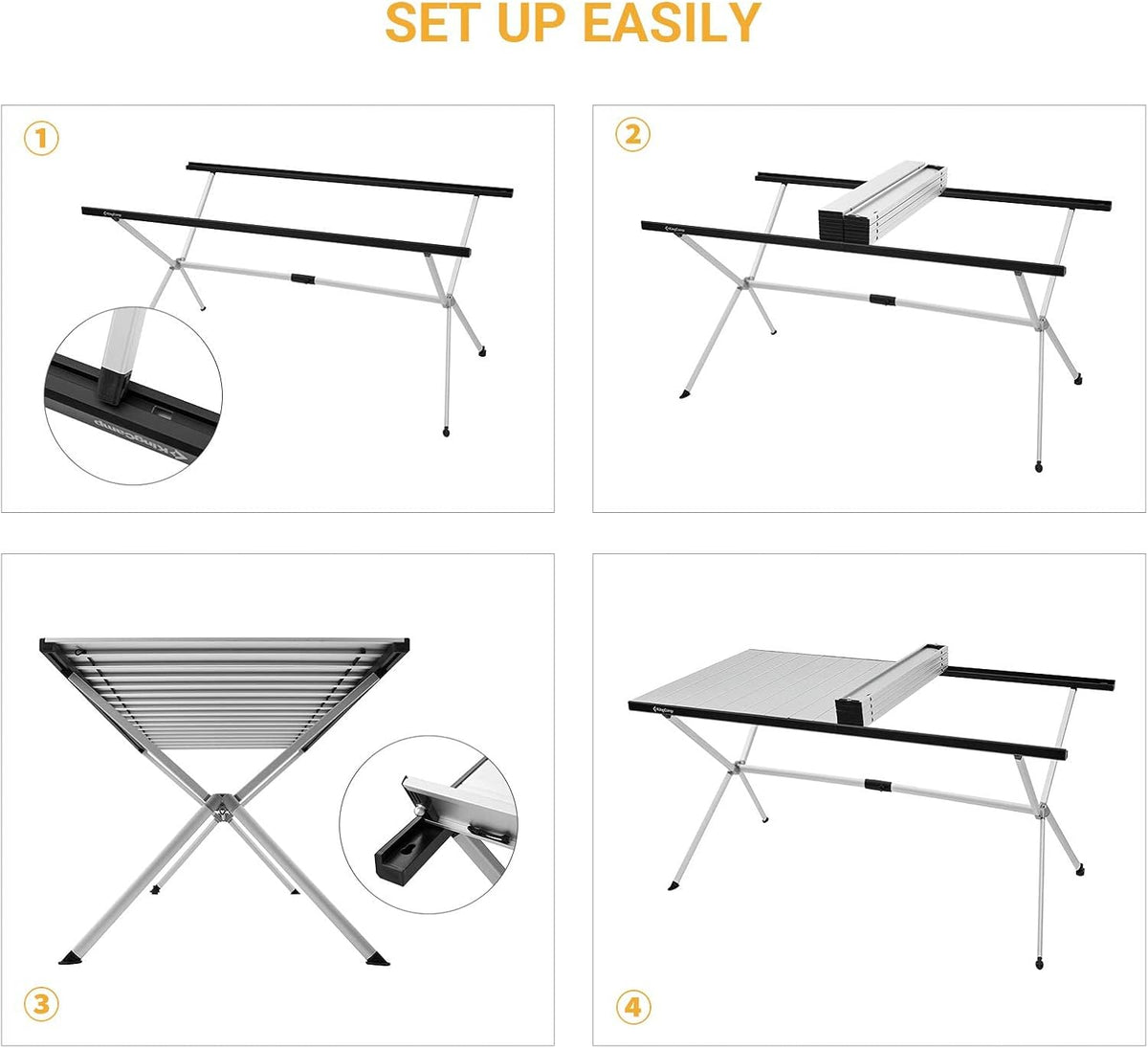 KingCamp Camping Table Roll up Aluminum Folding Table Lightweight Large Portable Foldable Camp Table for Picnic Camping Barbecue Backyard Beach Tailgate Indoor Outdoor, 4-6 Person, Support 176lbs