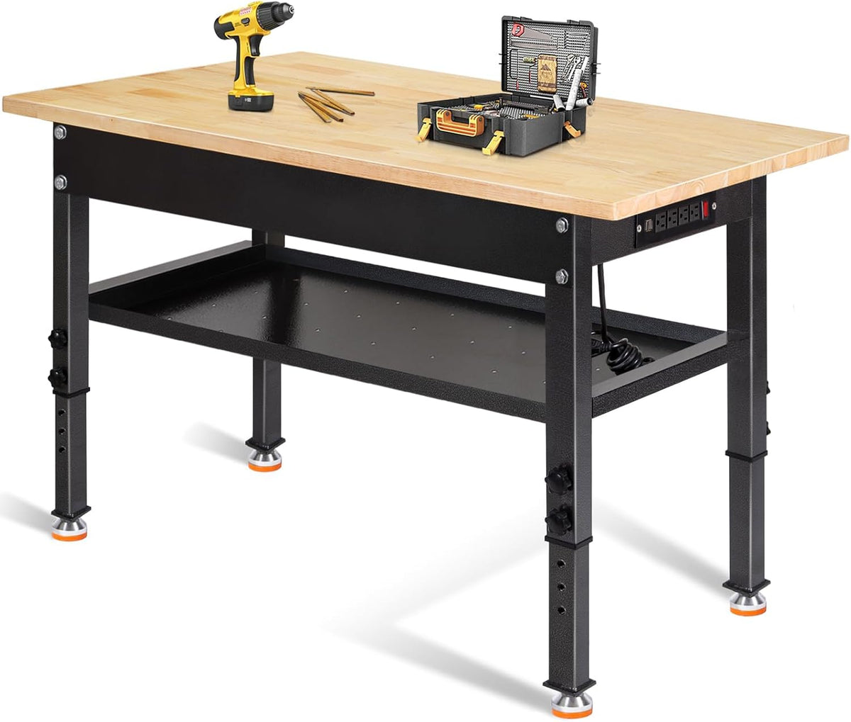 48"/60'' Adjustable Workbench, Rubber Wood Top Work Bench Heavy-Duty Work Table w/Power Outlet, Partition,2000 LBS Load Capacity Work Benches for Garage, Workshop, Home, Office, Easy Assembly