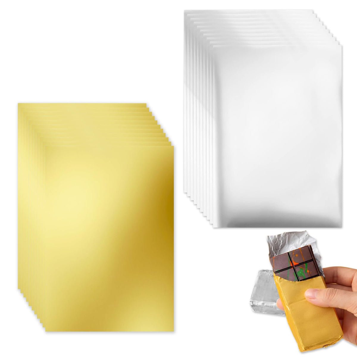 200 Pieces 7.5 x 6 inches Chocolate Foil Wrappers, Gold Aluminum Foil Candy Wrappers, Candy Bar Wrappers for Chocolate, Chocolate Bar Wrappers