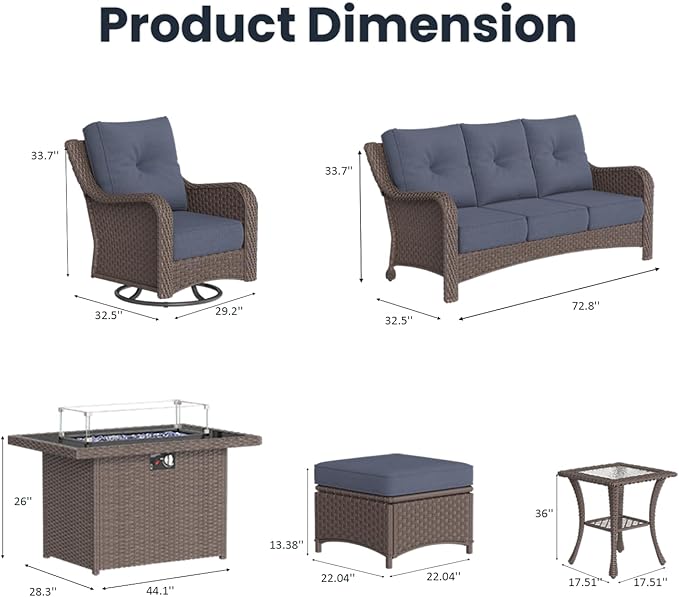 10 Pieces Outdoor Patio Furniture Sets with Rocking Swivel Chairs with 6-inch Thick Cushion and Fire Pit Table for Deck Lawn