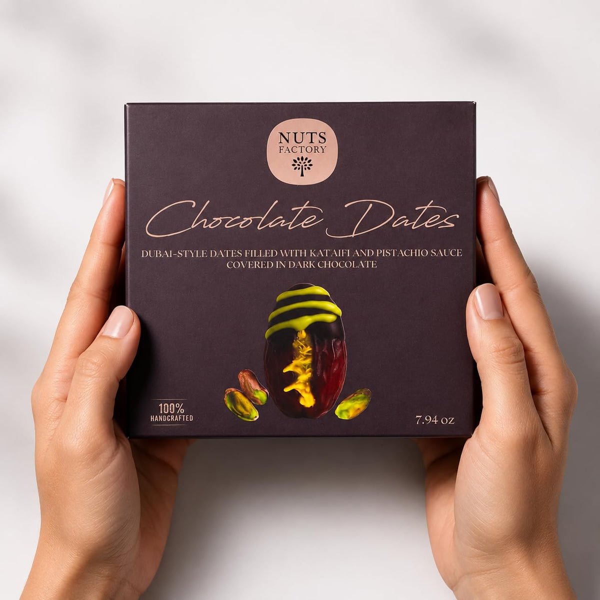 Nuts Factory Chocolate Dates - Dubai Style Dark Chocolate Covered Dates with Kataifi & Pistachio Filling, Gourmet Stuffed Date Dessert Treats