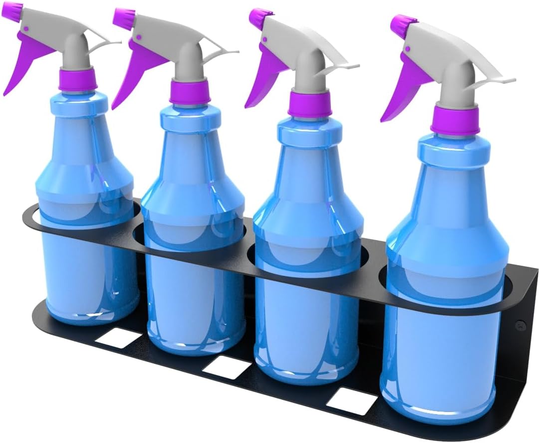 JINGCHENGMEI 4 Spray Bottles Holder, Steel Wall Mount Storage Organizer for All-Purpose at Garage and Home (SBH-4B1Pc)