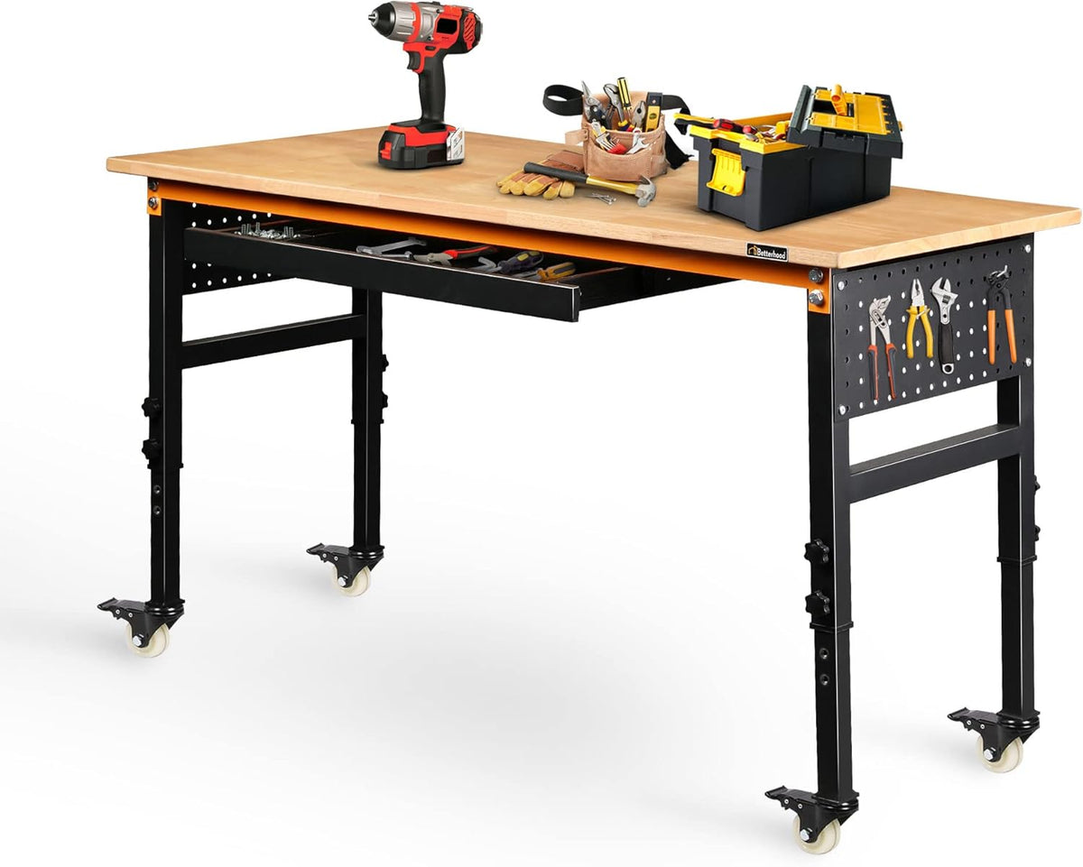60" Adjustable Workbench for Garage, Rubber Wood Shop Table W/Wheels & Double Pegboards & Drawer, 2000 LBS Load Capacity Hardwood Worktable for Workshop, Garage, Office, Home, Commercial