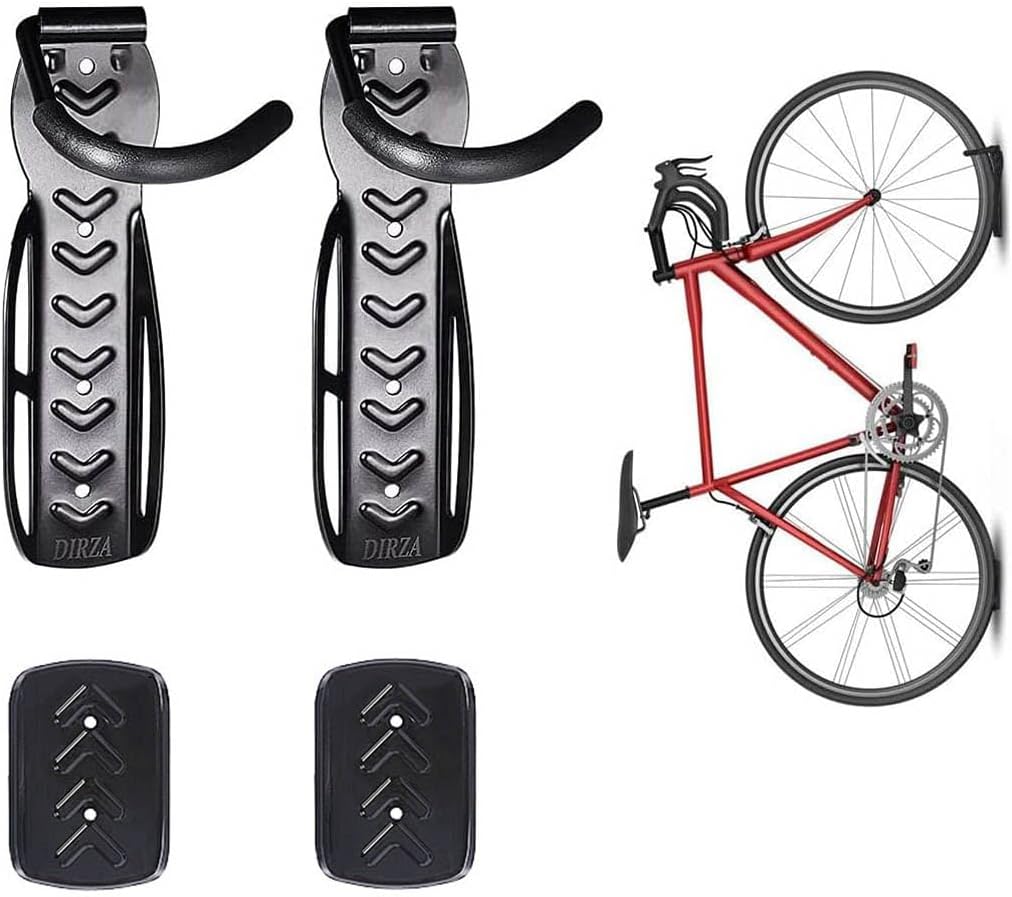 Dirza Bike Wall Mount Rack with Tire Tray - Vertical Bike Storage Rack for Indoor,Garage,Shed - Easy to install - Great for Hanging Road,Mountain or Hybrid Bikes - Screws Included - 2 Pack