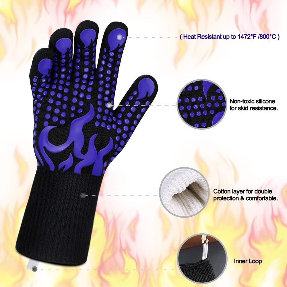 Comsmart BBQ Gloves, 1472 Degree F Heat Resistant Grilling Gloves Silicone Non-Slip Oven Gloves Long Kitchen Gloves for Barbecue, Cooking, Baking, Cutting