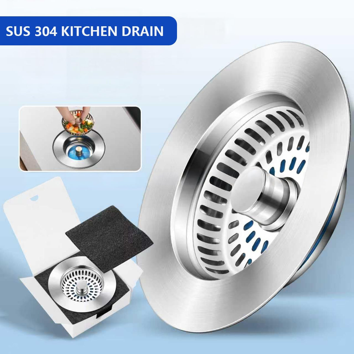 Upgraded 3-in-1 Kitchen Sink Drain Strainer & Stopper - Stainless Steel Anti-Clogging Food Catcher Basket, Universal Sink Protector Cover Filter, Fits US Standard 3-1/2 Inch Drain (Silver-1Pack)