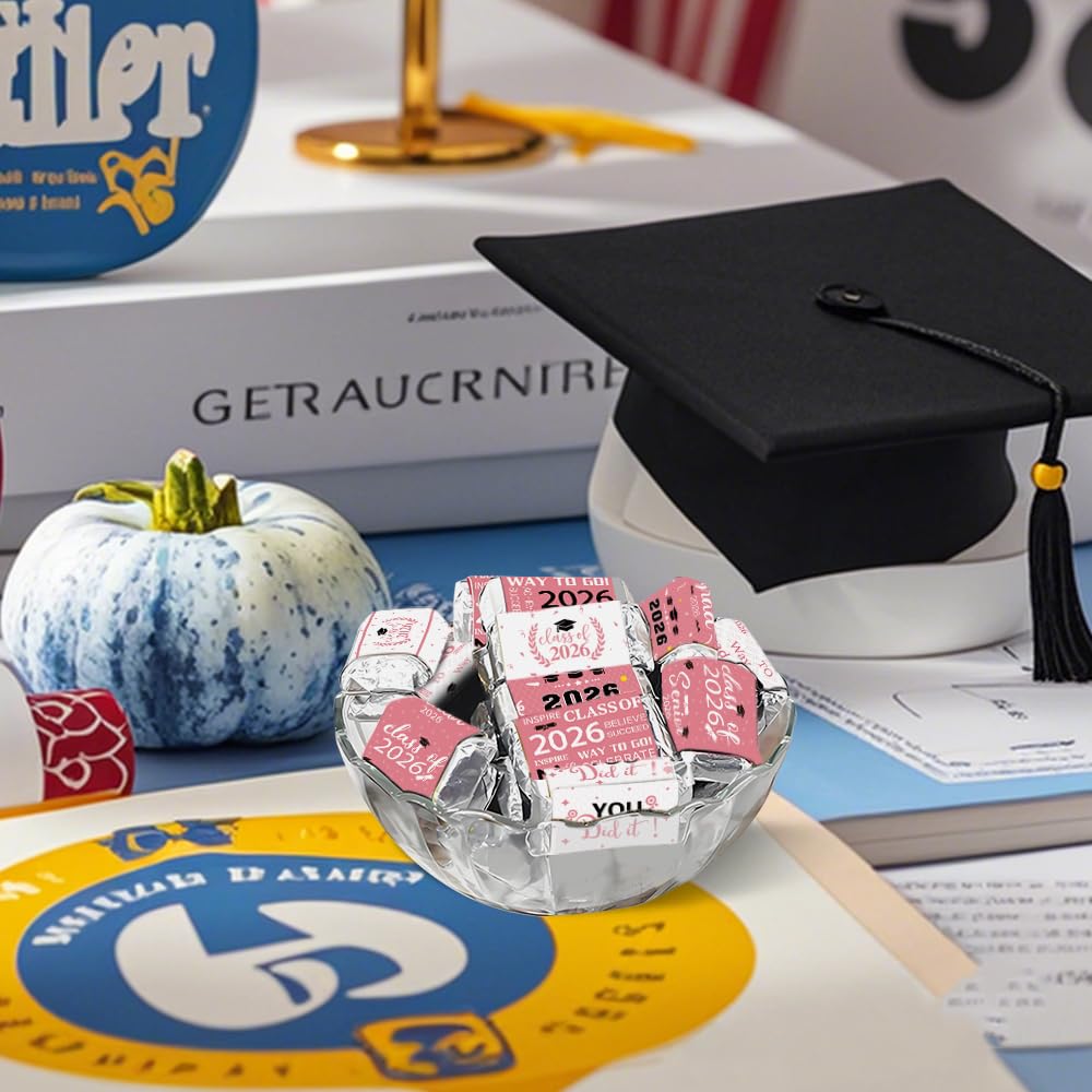 Graduation Party Decorations 2025 Graduation Label Stickers, 240PCS Congrats Grad Mini Pink White Candy Wrapper Class Of 2025 Chocolate Bar Stickers
