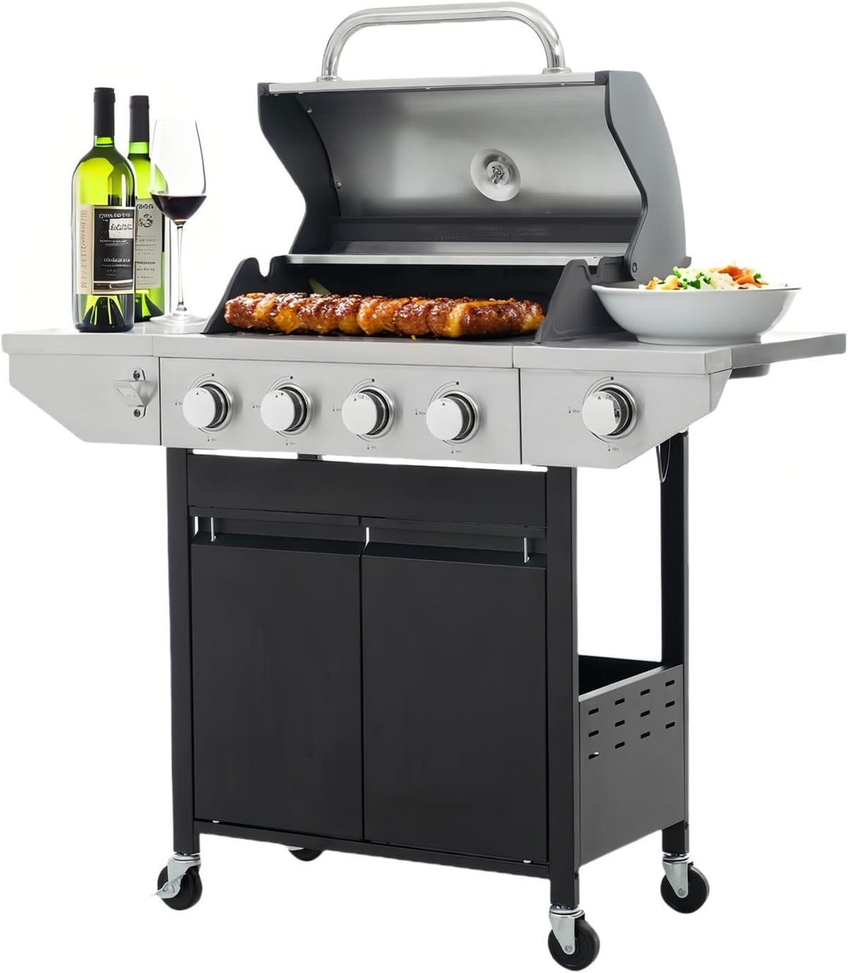 Endark 4-burner propane gas grill | Stainless steel construction | Dual side racks and wheels | Designed for patio, garden, and backyard cooking